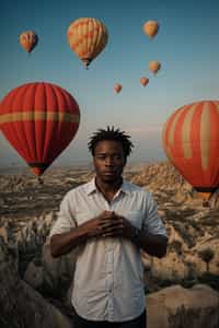 Breathtakingly man as digital nomad with hot air balloons in the background in cappadocia, Türkiye. Cappadocia, Turkey