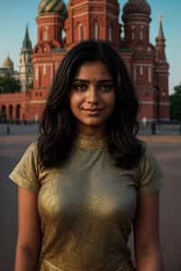 smiling woman as digital nomad in Moscow with the Kremlin in the background