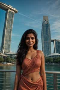 smiling woman as digital nomad in Singapore with Marina Bay Sands in background