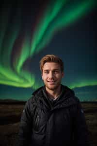 smiling man as digital nomad in Reykjavik with the Northern Lights in the background