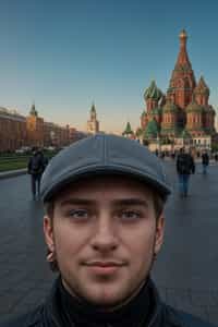 smiling man as digital nomad in Moscow with the Kremlin in the background