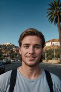 smiling man as digital nomad in Los Angeles with the Hollywood sign in the background