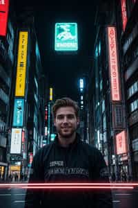 smiling man as digital nomad in Tokyo at night with neon lights