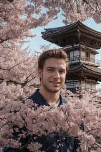 smiling man as digital nomad in Japan with Japanese Cherry Blossom Trees and Japanese temples in background