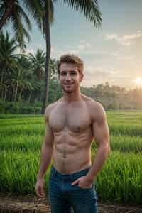 smiling man as digital nomad in Canggu, Bali near rice fields