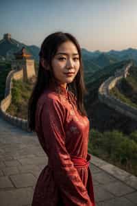 smiling woman as digital nomad in Beijing with the Great Wall in the background
