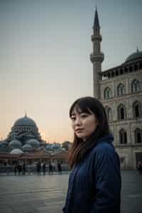 smiling woman as digital nomad in Istanbul with The Mosque in background