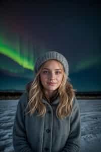 smiling woman as digital nomad in Reykjavik with the Northern Lights in the background