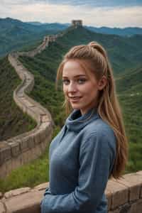 smiling woman as digital nomad in Beijing with the Great Wall in the background