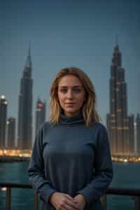 smiling woman as digital nomad in Dubai with skyline in background