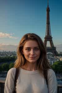 smiling woman as digital nomad in Paris with the Eiffel Tower in background