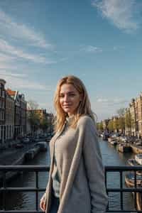 smiling woman as digital nomad in Amsterdam with the Amsterdam Canals in background