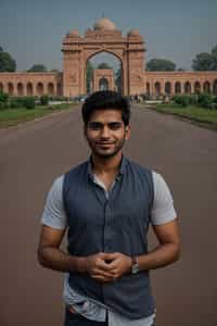 smiling man as digital nomad in Delhi with the India Gate in the background