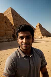 smiling man as digital nomad in Cairo with the Pyramids of Giza in the background
