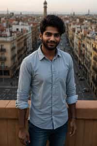smiling man as digital nomad in Barcelona center