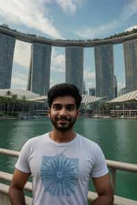 smiling man as digital nomad in Singapore with Marina Bay Sands in background