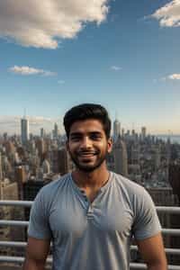 smiling man as digital nomad in New York City with Manhattan in background