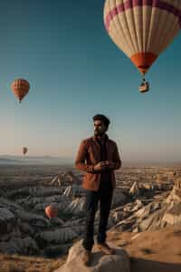 Breathtakingly man as digital nomad with hot air balloons in the background in cappadocia, Türkiye. Cappadocia, Turkey