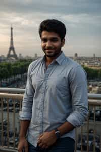smiling man as digital nomad in Paris with the Eiffel Tower in background
