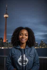 smiling woman as digital nomad in Toronto with the CN Tower in the background