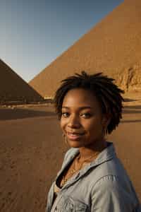 smiling woman as digital nomad in Cairo with the Pyramids of Giza in the background
