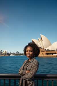 smiling woman as digital nomad in Sydney with the Sydney Opera House in the background