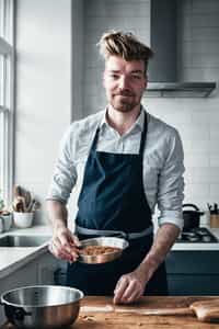 smiling ifgender=m{masculine} ifgender=f{feminine} man cooking or baking in a modern kitchen