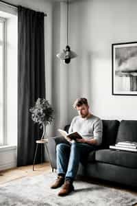 smiling masculine  man reading a book in a cozy home environment