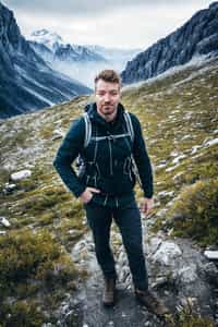 smiling masculine  man in going hiking outdoors in mountains