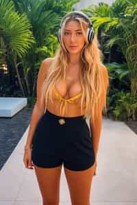 instagram influencer woman wearing (symmetrical headphones) listening to music standing in front of luxury design villa with black yoga shorts and high heels
