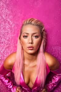 full body shot of sexy woman dressed up in full hot pink with Barbie clothes platinum blonde hair, hot pink style