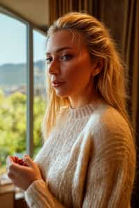 a woman wearing knitted sweater) in luxury villa living room, instagram photo, instagram, hourglass figure