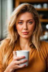 woman in a trendy café, holding a freshly brewed cup of coffee