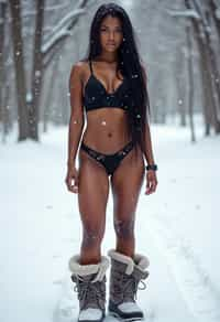 full body shot of hot black bikini woman standing posing in the snow, (standing in snow), shiny snow surface, slim waist, long straightened hair, snow drops everywhere flying, wearing snow boots, wearing moon boots