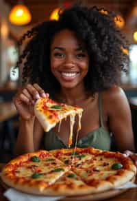 woman sitting in a restaurant eating a large pizza