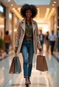 woman walking in a shopping mall, holding shopping bags. shops in background