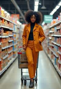 woman in Supermarket walking with Shopping Cart in the Supermarket Aisle. Background of Supermarket