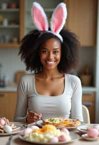 woman dressed up for Easter with Easter Bunny Ears at the Easter Breakfast. Easter Eggs. Easter Bunny