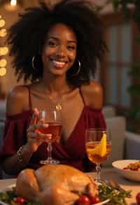 woman celebrating Thanksgiving with cocktail and turkey meat in background