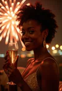 woman celebrating New Year's Eve with champagne and Fireworks in background