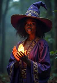 woman as a Wizard with a Wizard robe and big hat, crystal magic, dramatic light