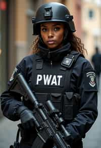 woman as a SWAT Officer. wearing black swat vest, swat helmet, holding pdw