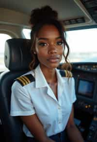 woman as a Airline Pilot inside the Cockpit with white shirt Pilot Uniform