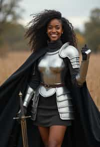 happy woman as a Medieval Knight in silver armor, wearing a black elegant cape flowing in the wind, the knight holds a sword in one hand