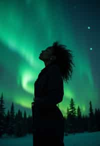 woman at night at the Northern Lights Aurora Borealis