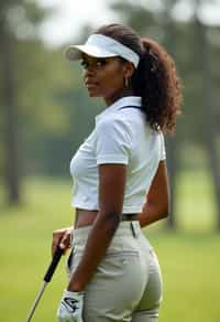 woman as a Golfer on the Golf Course holding Golf Club wearing golf shorts or golf skirt, a collared shirt, golf pants