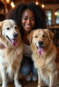 woman in a Dog Cafe with many cute Samoyed and Golden Retriever dogs