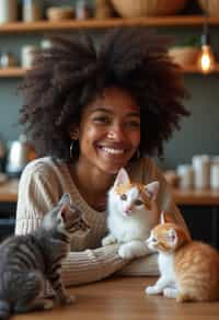 woman in a Cat Cafe with many cute Cats and Kittens around them