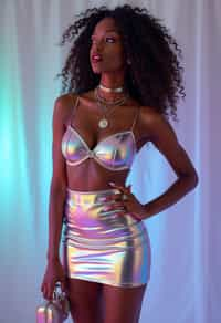 woman in holographic style, wearing  holographic shiny mini skirt, holographic shiny crop top, holographic shiny purse, holographic heels, holographic hair