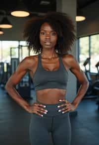 woman in  dark gray yoga pants and sports top in the fitness gym working out